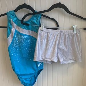 GK Leotard in Turquoise with Silver Bootie Shorts